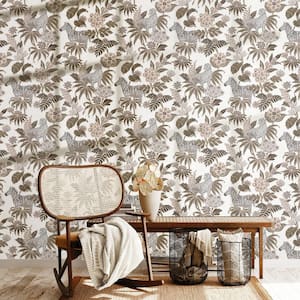 Into The Wild Beige Metallic Floral with Leopards And Zebras Non-Pasted Non-Woven Paper Wallpaper Roll