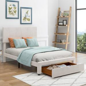 Beige Wood Frame Full Size Upholstery Platform Bed with One Drawer and Adjustable Headboard