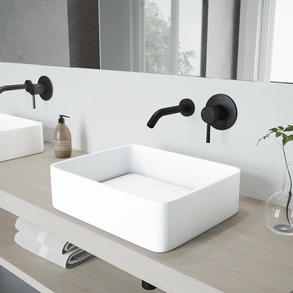 18" White Stone Rectangular Vessel Sink with Matte Black Faucet