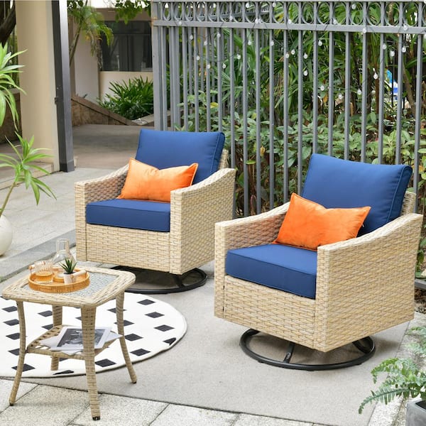 HOOOWOOO Oconee Beige 3-Piece Wicker Outdoor Patio Conversation Swivel Rocking Chair Set with Navy Blue Cushions