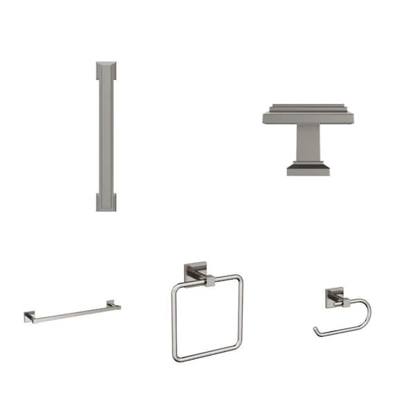 Appoint 5-1/16 in. Satin Nickel Bar Pull, 1-1/4 in. Knob, 18 in. Brushed Nickel Towel Bar and Ring, Paper Holder