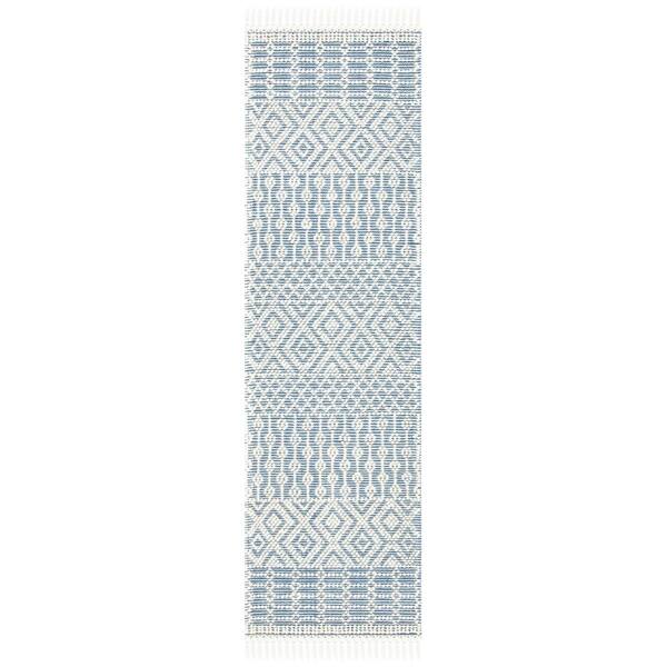 Natura 2 ft. x 10 ft. Ivory/Blue Geometric Tribal Runner Rug