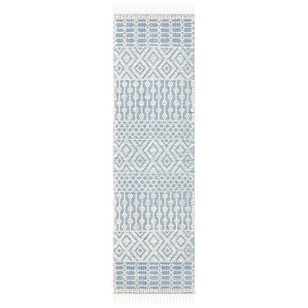 Natura 2 ft. x 6 ft. Ivory/Blue Geometric Tribal Runner Rug
