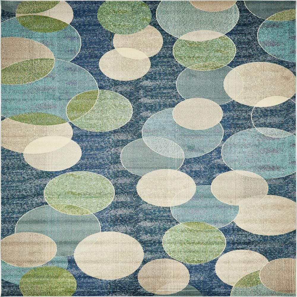 Navy Blue Rectangular Abstract Stain-Resistant Synthetic Rug