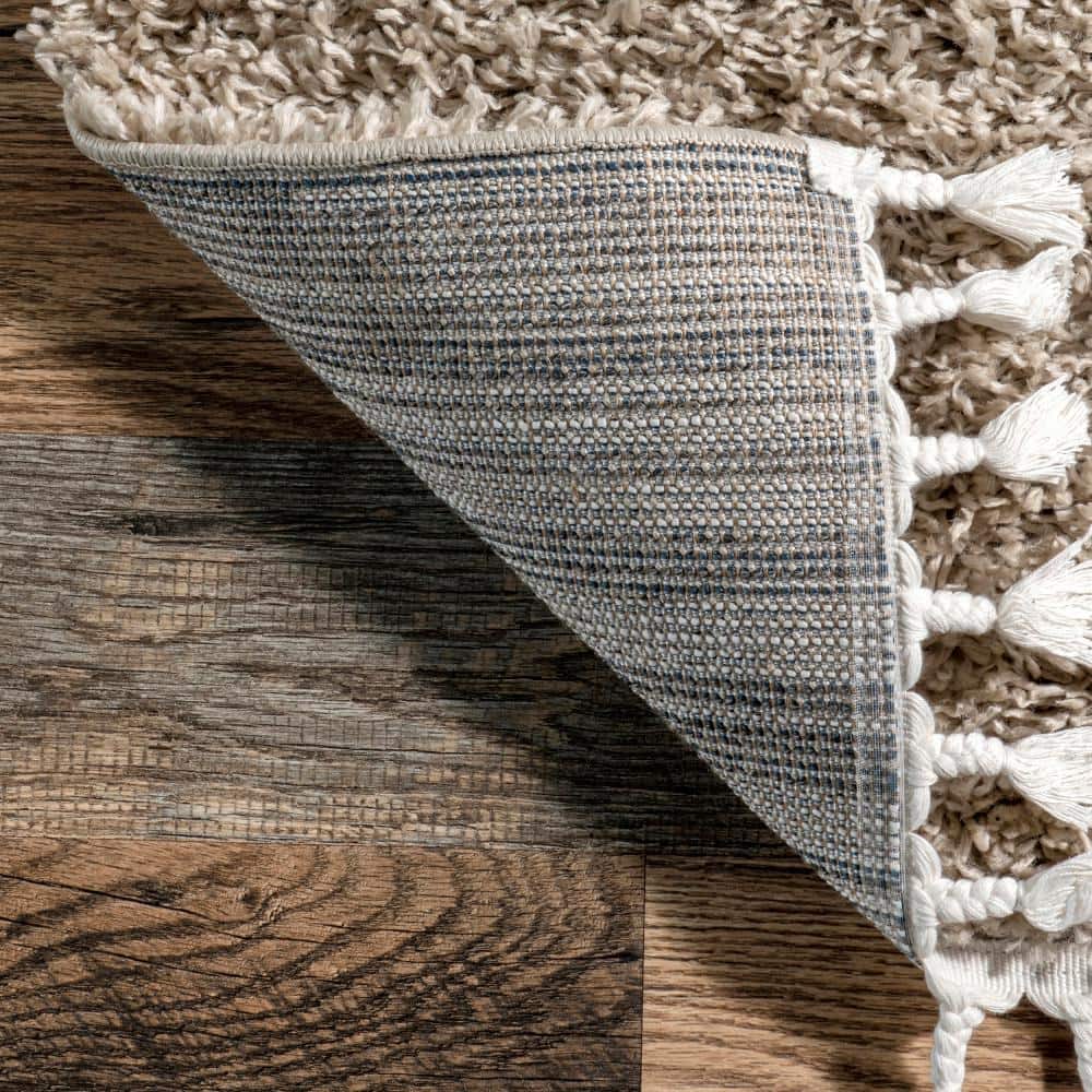 Braided Beige Rectangular Shag Area Rug with Tassels