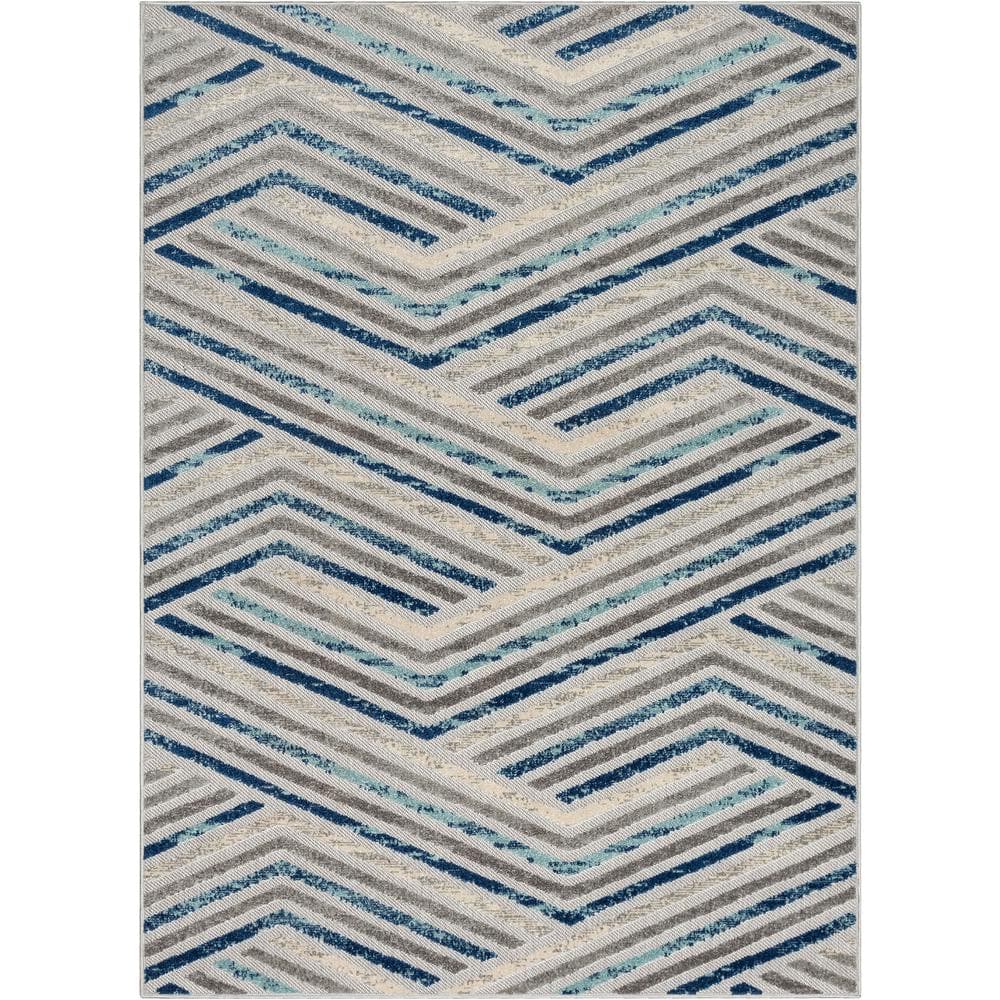 Reversible Grey Blue Geometric Synthetic 5' x 7' Area Rug