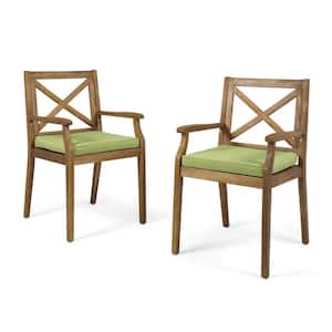 2-Piece Brown Wood Outdoor Dining Chair with Green Cushions