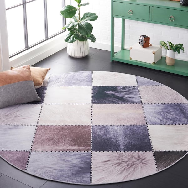 Faux Hide Beige/Gray 6 ft. x 6 ft. Machine Washable Plaid Solid Color Round Area Rug
