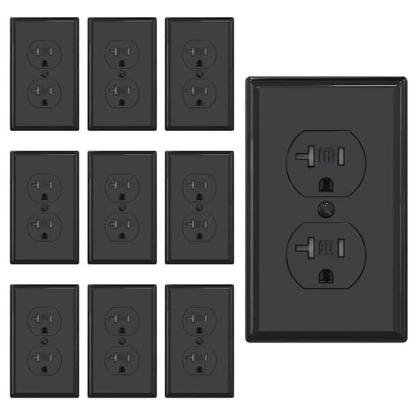 20 Amp Duplex Electrical Receptacle Outlet with Self-Grounding, Wall Plate Included, UL Listed in Black - (10-Pack)