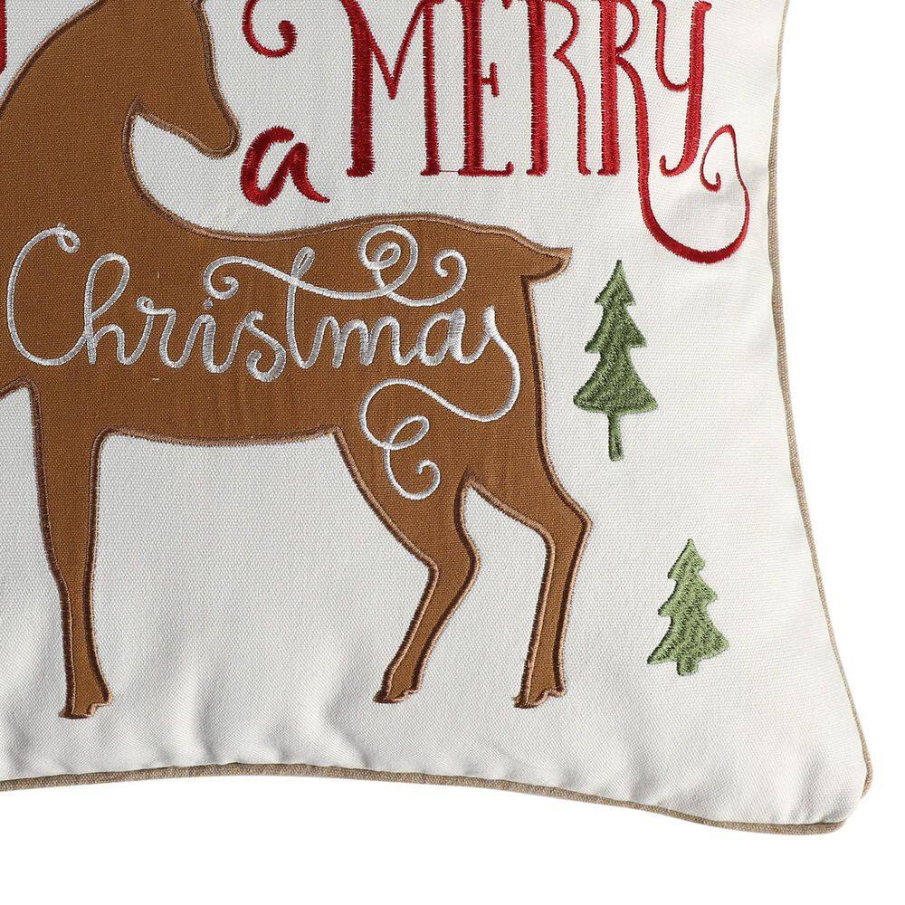 White Embroidered Christmas Reindeer 18'' Square Throw Pillow