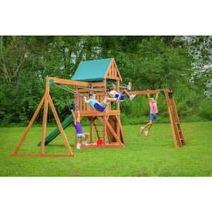 Mountain View Playset with Tarp Roof, Monkey Bars, Sandbox, Purple Swing Set Accessories and Green Slide