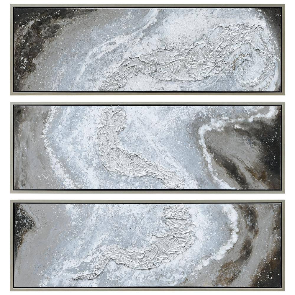 Iced Textured Abstract Triptych Oil Painting with Champagne Frame