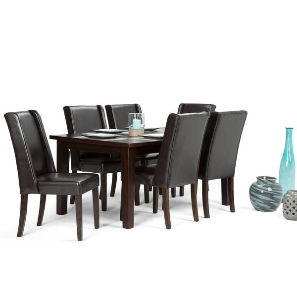 Simpli Home Sotherby 7-Piece Dining Set with 6 Upholstered Dining Chairs in Tanners Brown Faux Leather and 66 in. Wide Table