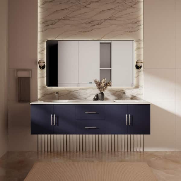 Geneva 72 in. W x 22 in. D Navy Blue Double Bath Vanity and White Quartz Top