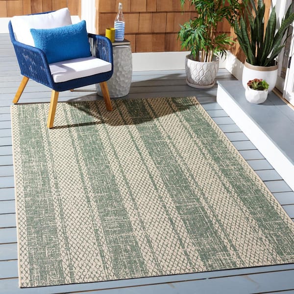 Courtyard Beige/Dark Green 3 ft. x 5 ft. Striped Diamond Indoor/Outdoor Area Rug