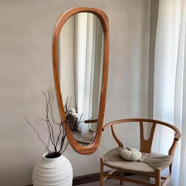22 in. W x 48 in. H Irregular Natural Wood-Frame Wall Mirror, Distinctive Asymmetric Design