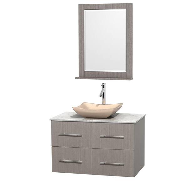 Wyndham Collection Centra 36 in. Vanity in Gray Oak with Marble Vanity Top in Carrara White, Ivory Marble Sink and 24 in. Mirror