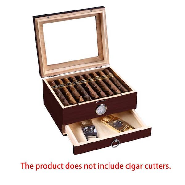 10.87 x 5.47 in. H Walnut Cedar Wood Desktop Humidor with Clear Top, Magnetic Seal and Accessory Drawer for Cigars SA1059B297