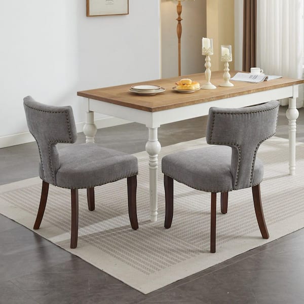 Gray Modern Dining Chairs Set of 2, Upholstered Accent Chairs with Curved Backrest & Copper Nails, Solid Hardwood Frame