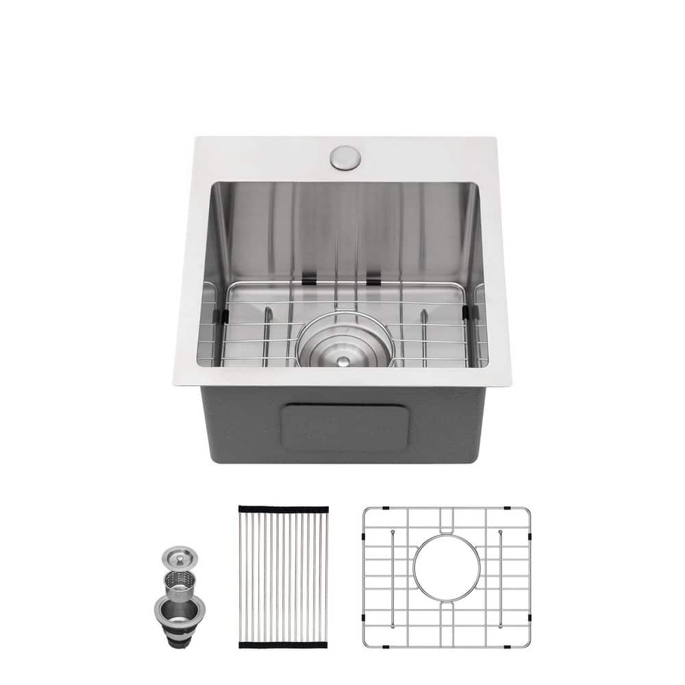 15 in. Drop-In/Undermount Single Bowl 16 Gauge Brushed Nickel Stainless Steel Kitchen Sink with Grid and Drain price history on PriceWatchPro