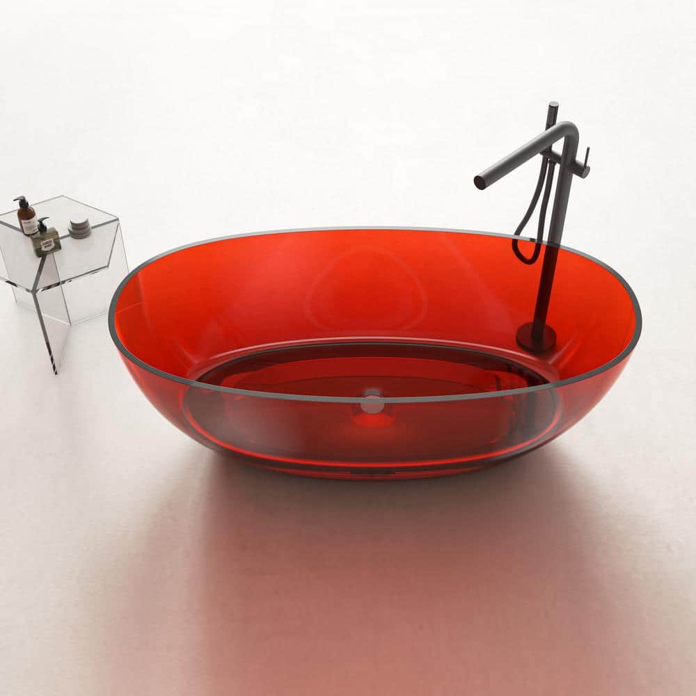 59" Pure Resin Red Freestanding Soaking Bathtub with Polished Chrome Drain