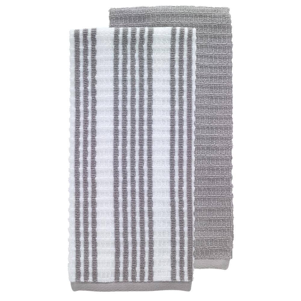 T-fal Gray Solid and Stripe Waffle Cotton Kitchen Towel Set of 2 94654 ...