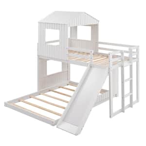 Playhouse Style White Wooden Twin Over Full Bunk Bed with Ladder,Slide and Guardrails(78.7 in. W x 82.3 in. H)