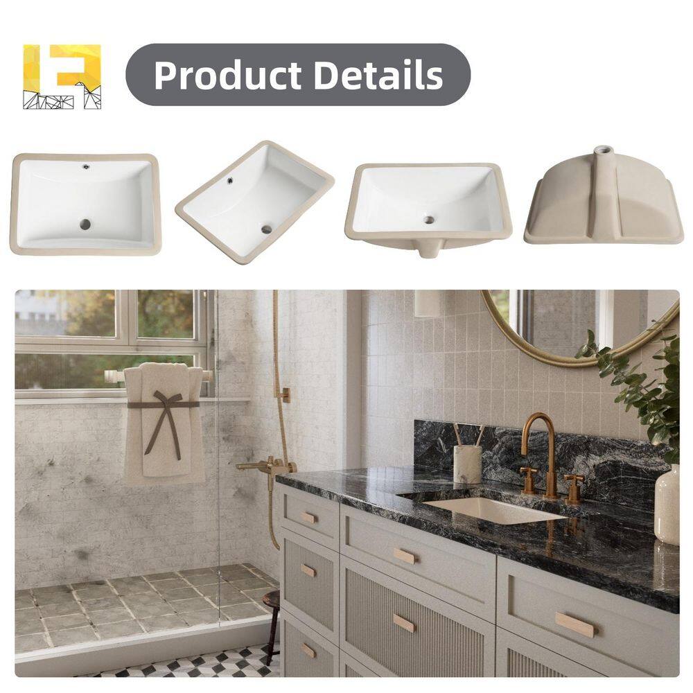 21" White Glossy Ceramic Rectangular Undermount Bathroom Sink