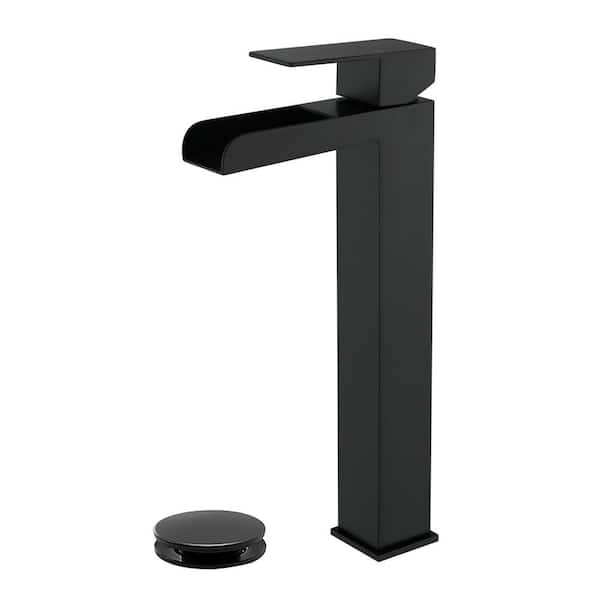 FLG Single Handle Vessel Sink Faucet with Pop-Up Drain 1 Hole Waterfall Stainless Steel Bathroom Tall Taps in Matte Black