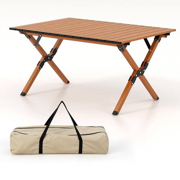 Gymax Folding Aluminum Camping Table with Carry Bag Roll-Up Picnic Table with Wood Grain