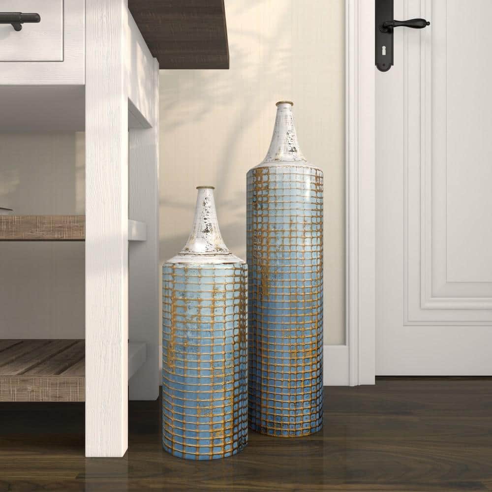 25 in., 18 in. Blue Distressed Tall Metal Geometric Decorative Vase with Grid Pattern and Gold Accents (Set of 2) price history on PriceWatchPro