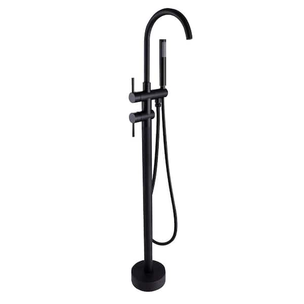 WELLFOR 2-Handle Free Standing Floor Mount Bathroom Tub Faucets with Handheld Shower in Matte Black