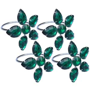 2 in. x 1.5 in. Crystal Green Flower Napkin Rings (Set of 4), Metal