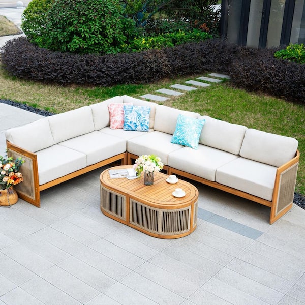 Numa 5-Piece Acacia Wood Patio Conversation Sofa Set with Beige Cushions