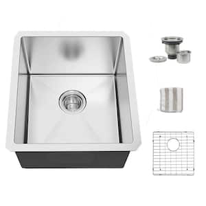 13 in. x 15 in. Under-mount Single Bowl 16-Gauge T-304 Stainless Steel Kitchen Sink with Strainer, Brushed Nickel