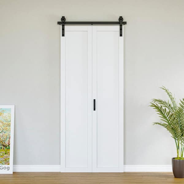 ARK DESIGN 36 in. x 84 in. Paneled 1-Lite Solid Core White Finished MDF Bifold Door with Bifold Barn Door Hardware Included