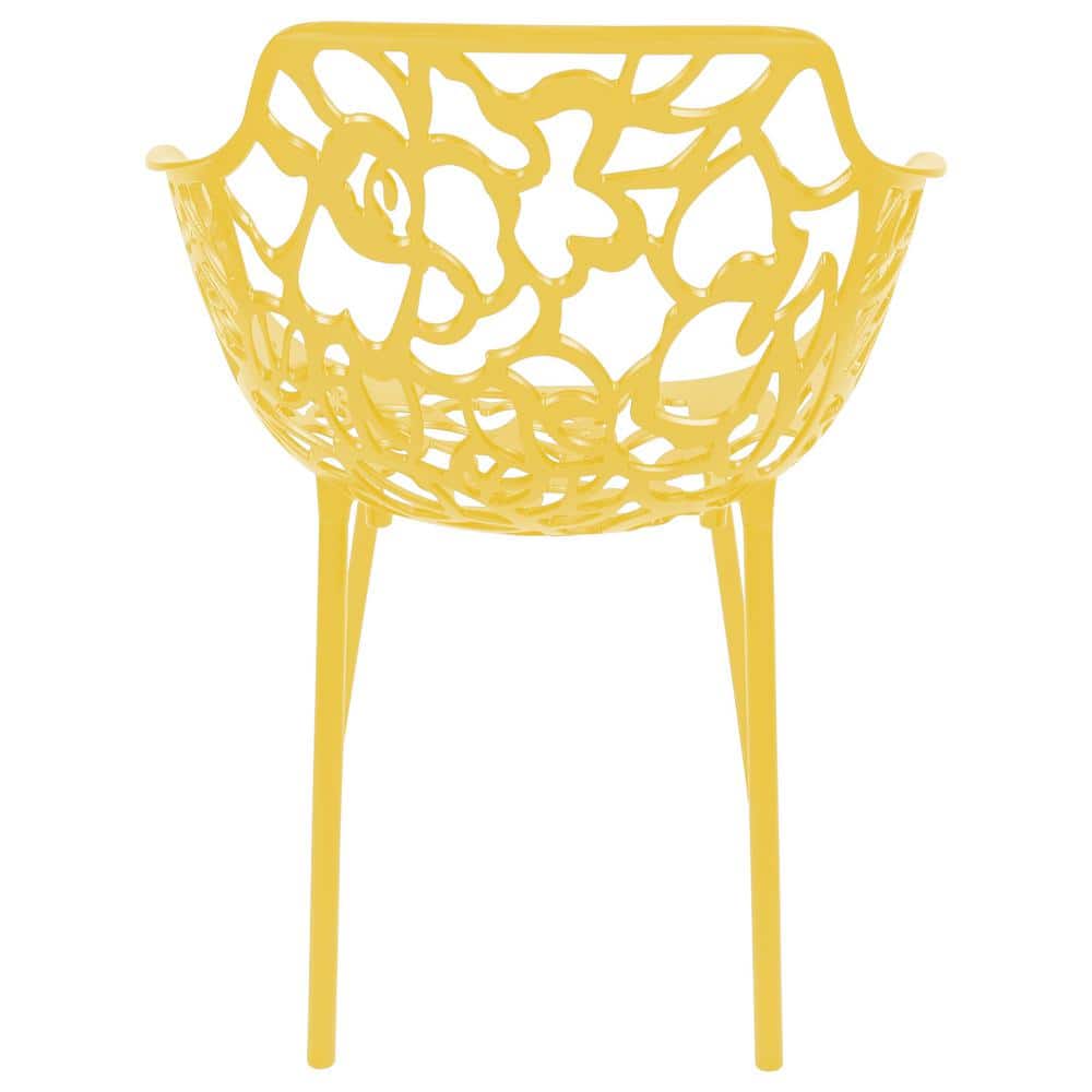 Devon Yellow Aluminum Modern Outdoor Dining Chair with Floral Cut-Out Design