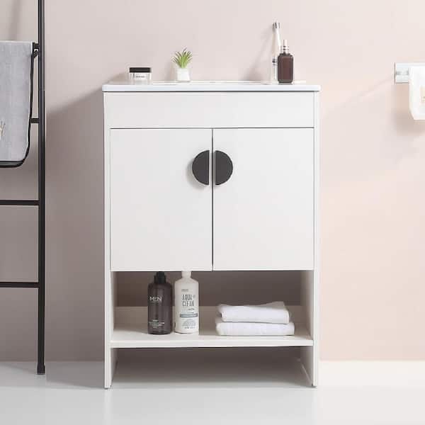 Nivencai 24 in. W x 18 in. D x 32 in. H Single Sink Freestanding Bath Vanity in White with White Ceramic Top