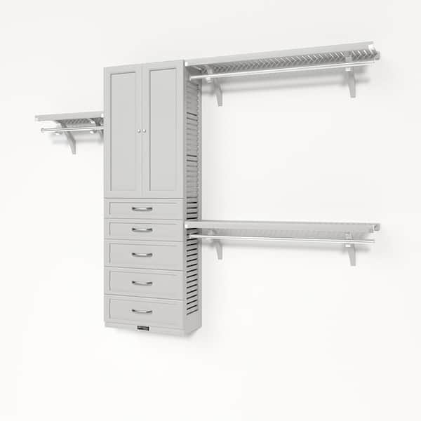 72 in. W - 120 in. W White Reach in with 5 Shaker Style Drawers and Wood Door 12 in. Shelf Wood Closet System