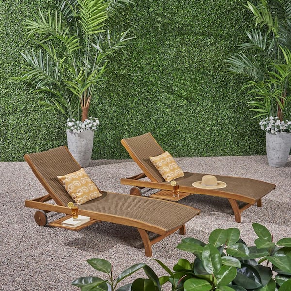 Brown Wood Chaise Lounge Chair With Pull-Out Tray for Lawn, Poor Side, Patio, Yard (set of 2 )