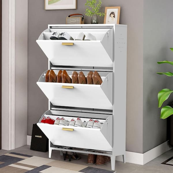 Unbranded 48 in. H x 28 in. W White Steel 3-Drawers Shoe Storage Cabinet Freestanding Shoe Rack Storage Organizer with Flip Door