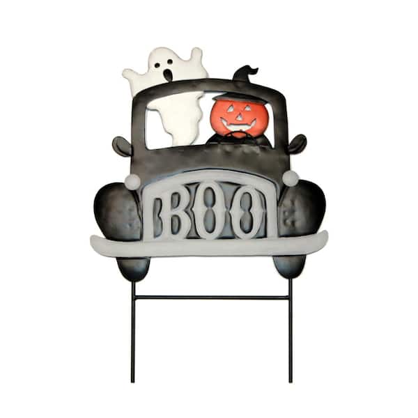 Unbranded 18 in. Metal Halloween Pumpkin and Ghost on Truck Yard Stake