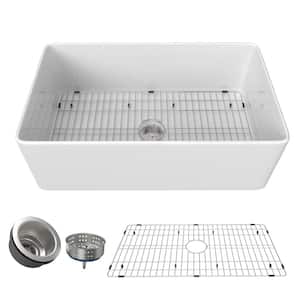 36 in. Fireclay Farmhouse Apron Front Kitchen Sink White Single Bowl Kitchen Sink, Bottom Grid and Sink Drain Included