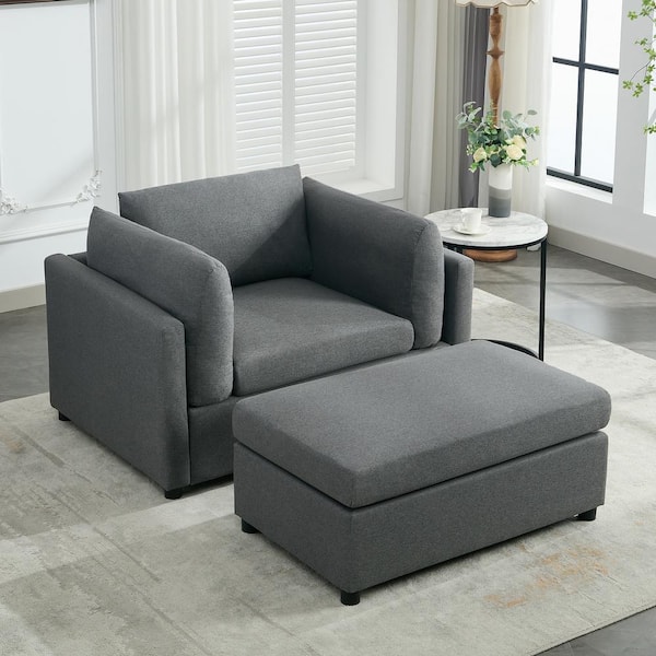 Harper & Bright Designs 50.4 in. Pillow Top Arm Linen Rectangle Modern Oversized Single Sofa in. Dark Gray with Ottoman