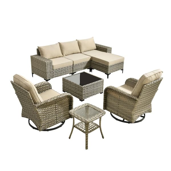 Valor 8 Pieces Wicker Outdoor Patio and Swivel Rocking Chairs with Beige Cushions