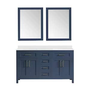 Tahoe 60 in. W x 21 in. D x 34 in. H Double Sink Vanity in Midnight Blue with White Engineered Stone Top, Mirrors & USB