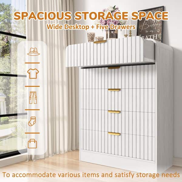 White 5-Drawer 31.5 in.W MDF Chest of Drawers, Waveform Fluted Design Bedroom Dresser, Round Corner