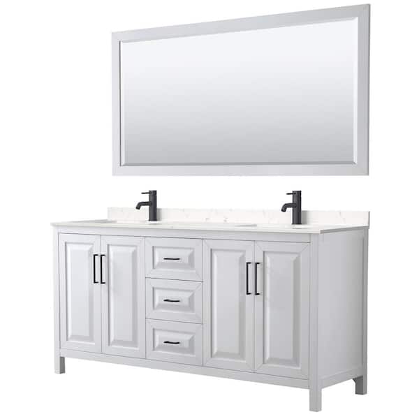 Wyndham Collection Daria 72 in. W x 22 in. D x 35.75 in. H Double Bath Vanity in White with Carrara Cultured Marble Top and 70 in. Mirror