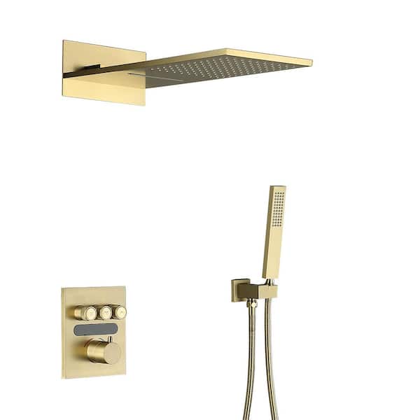 2-Spray Patterns with 1.6 GPM 9 in. Wall Mount Dual Shower Heads with Handheld Shower in Brushed Gold