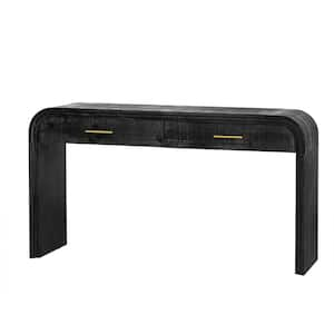 Unique Retro 59.05 in. Antique Black Rectangle Wood Console Table with Open Style, 2 Top Drawers for Living Room